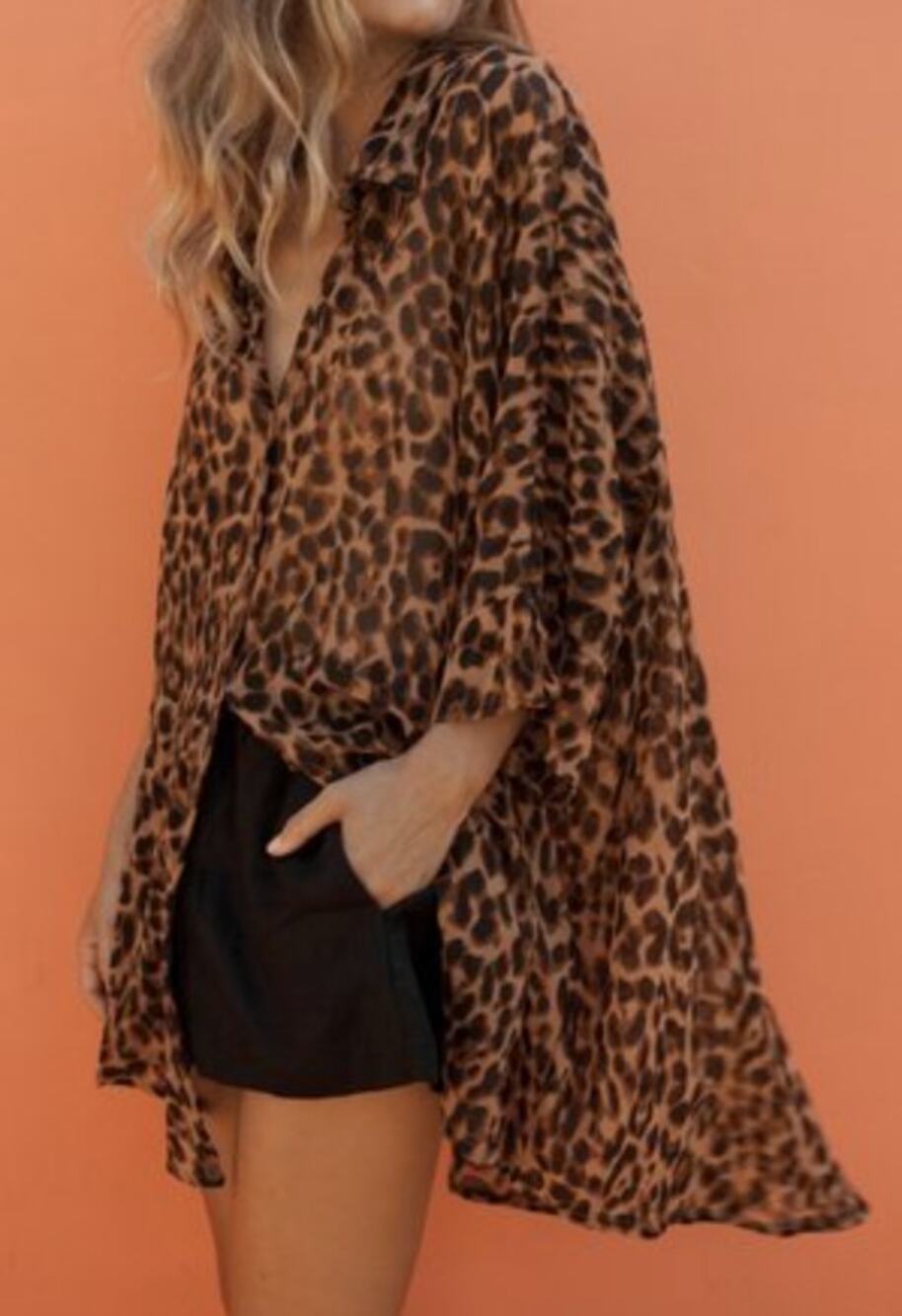 Free People Intimately 3/4 Sleeve Button Down Tunic Shirt Leopard Print Brown XS